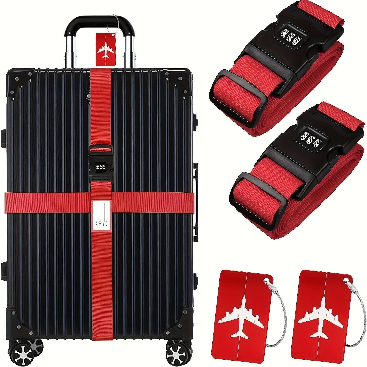 Lot de 4 sangles bagages en polypropylène, avec boucle combinée et fenêtre ID, durables et anti-vol, adaptées voyages et style minimaliste.