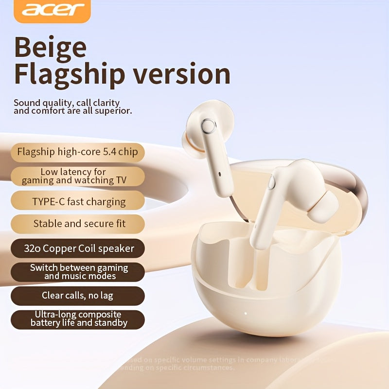 Écouteurs sans fil ACER TWS, son stéréo HiFi, réduction de bruit pour appels, puce 5.4, légers, tactiles, confortables et design élégant, autonomie longue durée.