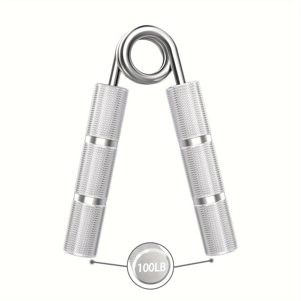 Metal hand gripper 22.68 to 158.76 kg, trains wrists and forearms, strengthening grip and hand muscles.