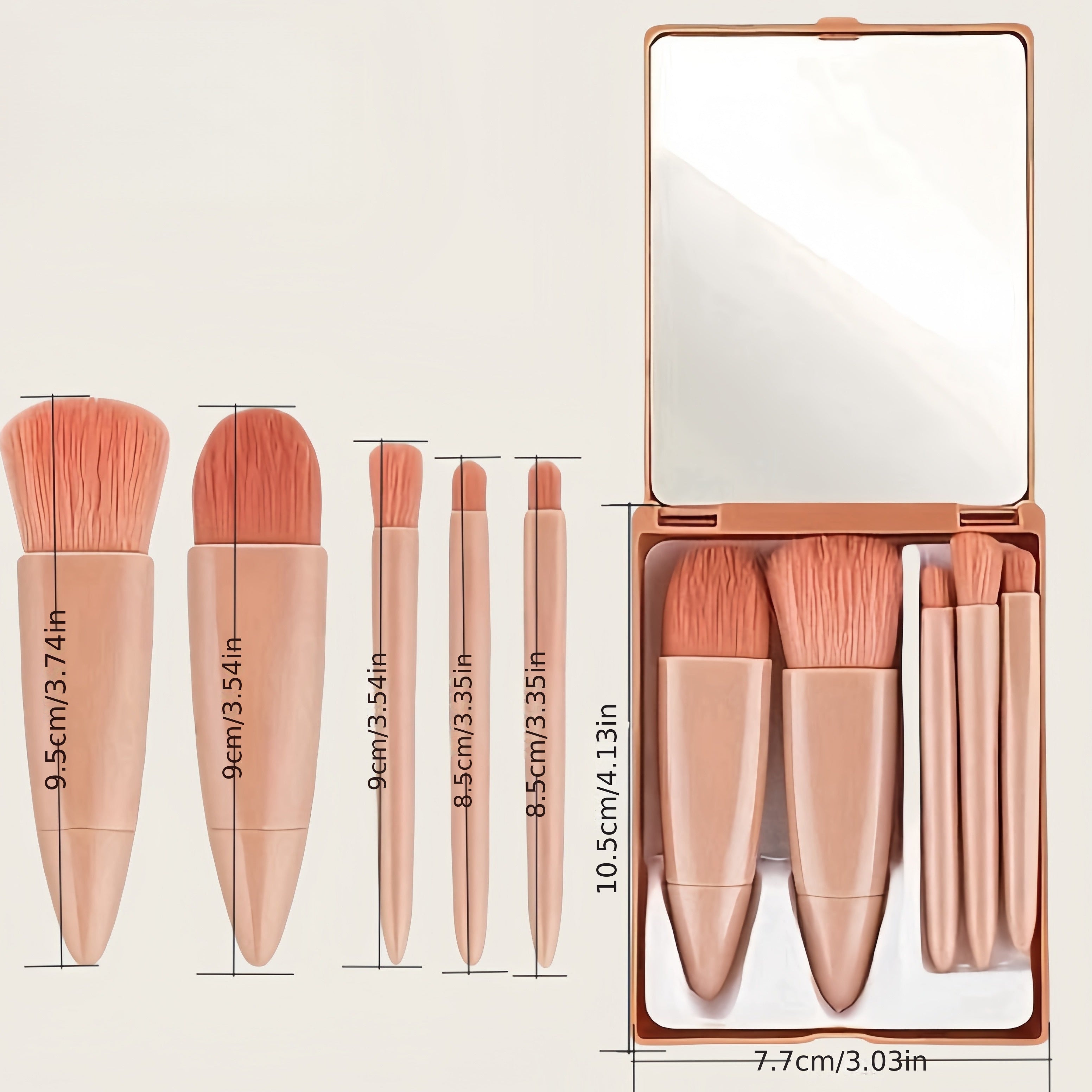 Set de pinceaux cosmétiques portable multifonction avec miroir, poils doux, design mignon, étui pastel rose et doré, idéal pour voyages.