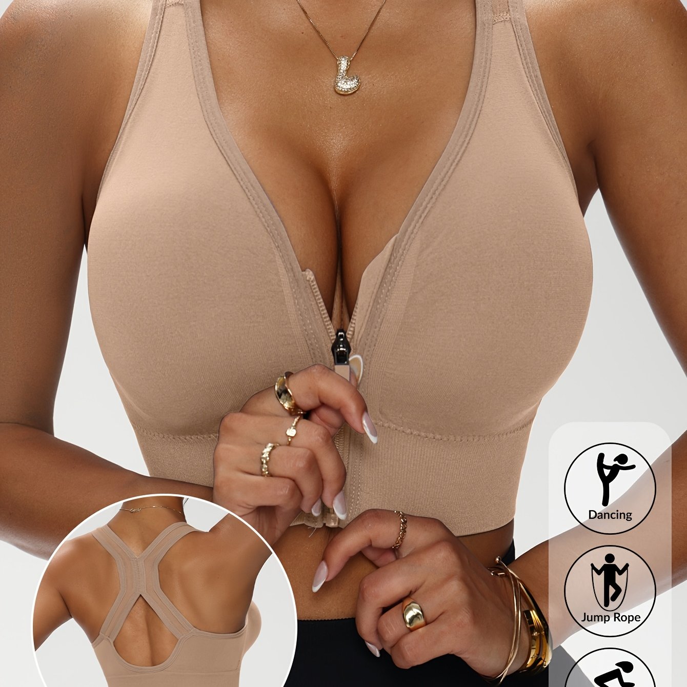 Soutien-gorge féminin sans armature avec fermeture éclair avant, bretelles croisées, coussinets amovibles, confortable et polyvalent pour le sport et un usage quotidien.