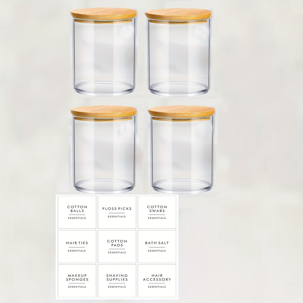 Lot de 4 pots transparents de 10 oz avec couvercles, idéal pour cotons, maquillage et accessoires de salle de bain.