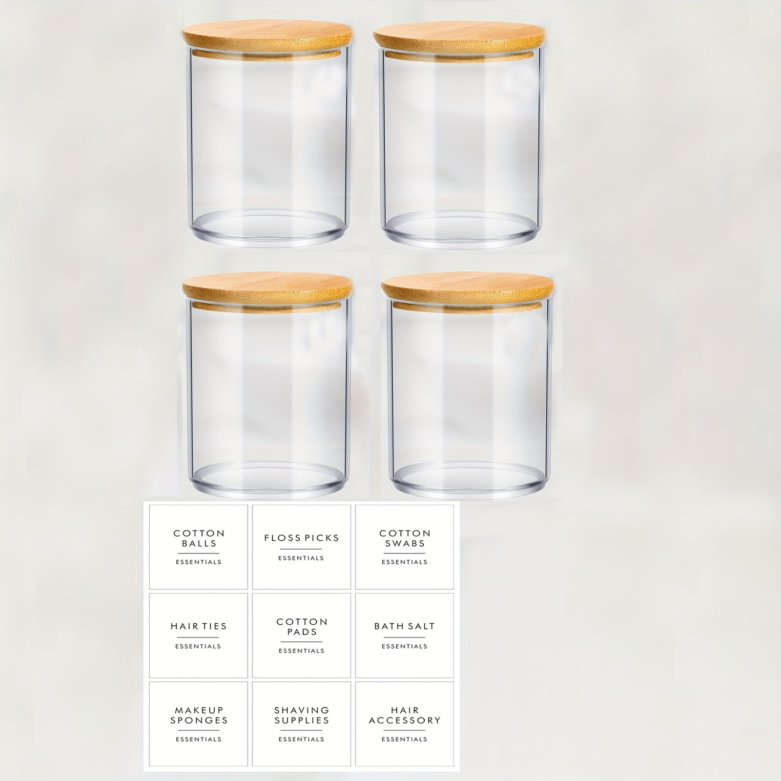 Lot de 4 pots transparents de 10 oz avec couvercles, idéal pour cotons, maquillage et accessoires de salle de bain.