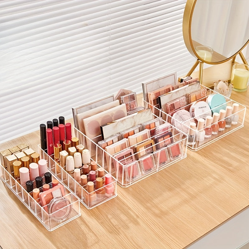 Set of 2 multifunctional transparent trays for cosmetics, ideal for organizing lipsticks, nail polish and eyeshadows on the counter without electricity.