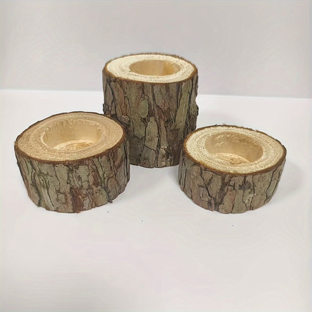Lot de bougeoirs en bois rustique, 3 tailles (3 cm, 4,32 cm, 6,86 cm), décoration de fête, parfait Noël, Halloween et Thanksgiving.