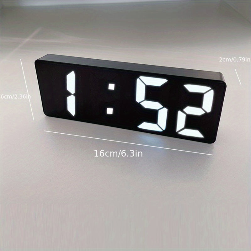 Modern LED alarm clock with digital display, temperature, adjustable brightness, 12/24 hour format, high readability, built-in battery, ideal for bedroom or office.