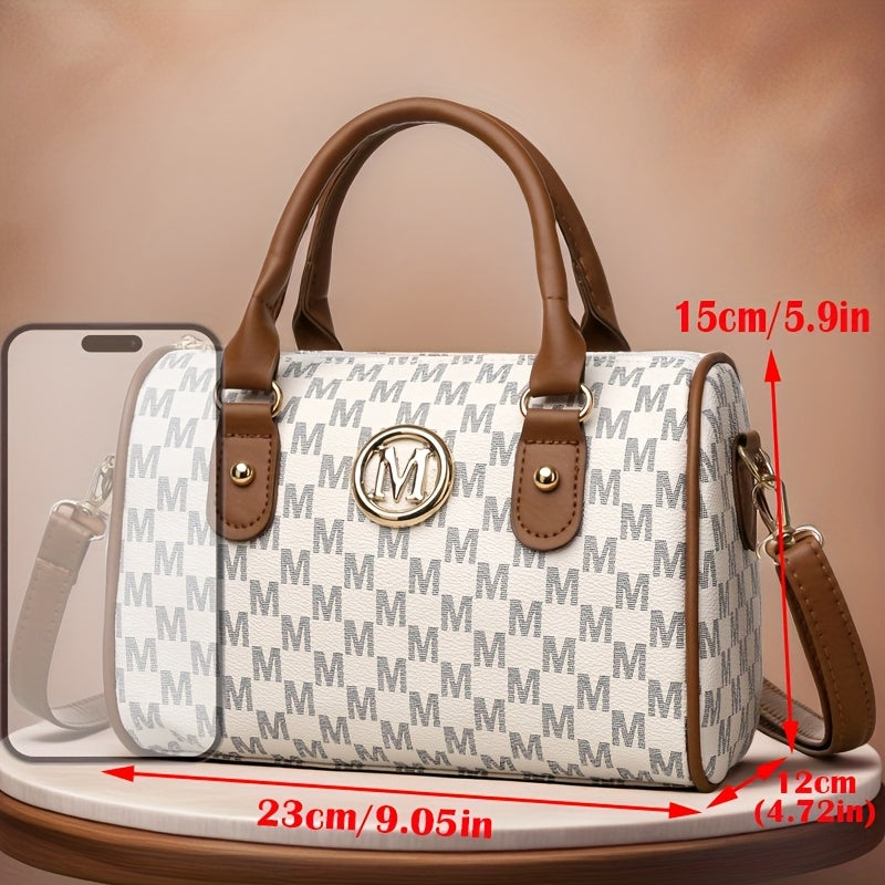 Lily women's mini shoulder bag, elegant houndstooth design, gold 'M' monogram, removable shoulder strap, lightweight synthetic leather, ideal for work, travel and outings.