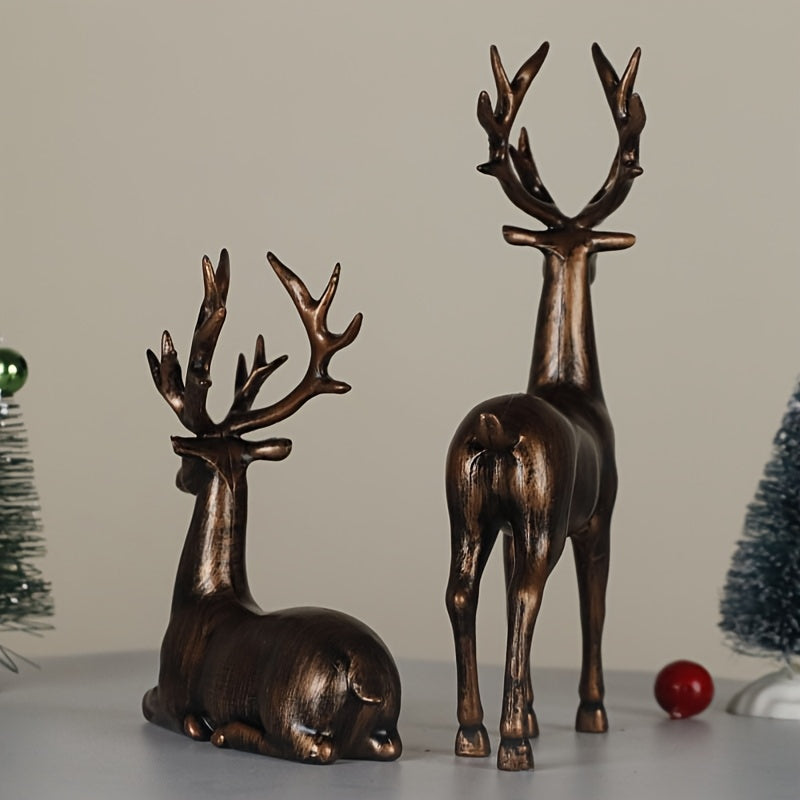 Lot de 2 statues d’élans en bronze Décorations de Noël ou fêtes, idéales pour salon, chambre, bureau ou entrée, sans électricité, cadeau parfait.