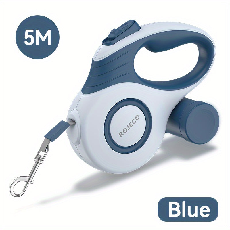 Laisse automatique rétractable ROJECO, 5 m en nylon durable, design géométrique bleu et blanc, idéale pour promenade et contrôle chiens petites à grandes tailles.