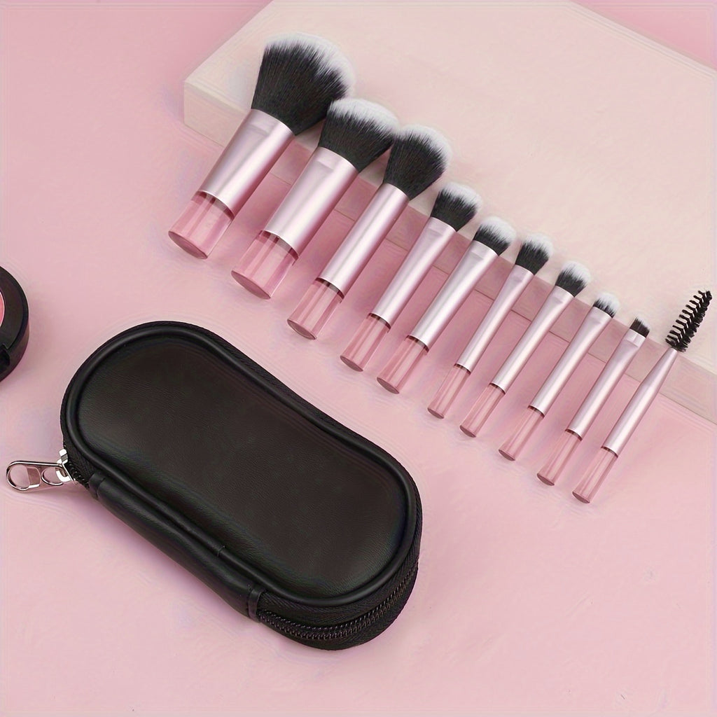 Set mini pinceaux maquillage 10 pièces avec pochette, portable, pour poudre, contour, yeux, sourcils et correcteur, idéal cadeau.