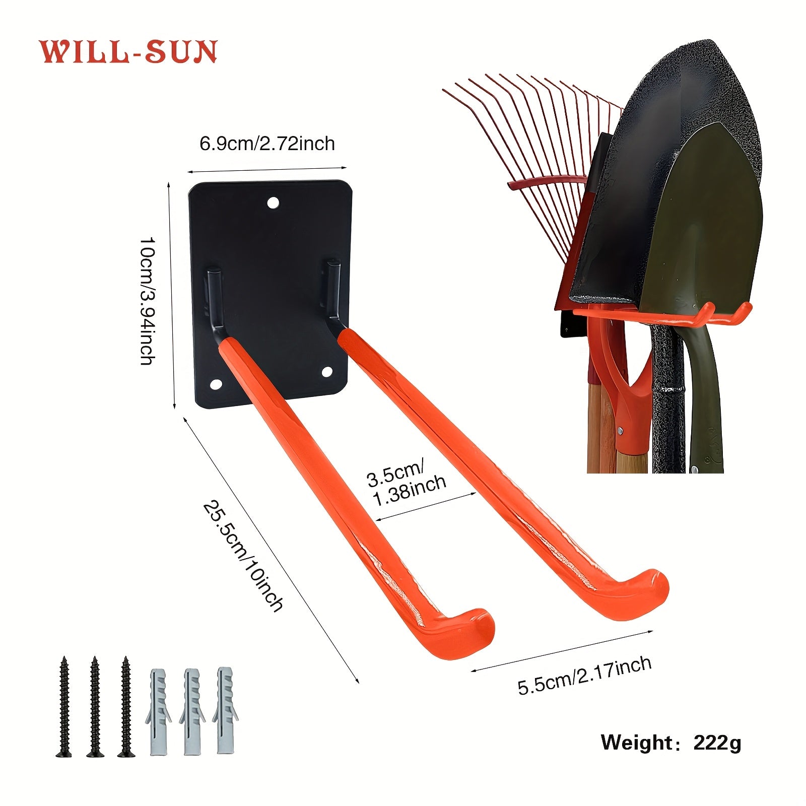 Crochet mural métallique robuste orange/noir/bleu, support outils et balais, facile à installer, idéal garage, jardin, suspend pelles, cordes, échelles et outils électriques.