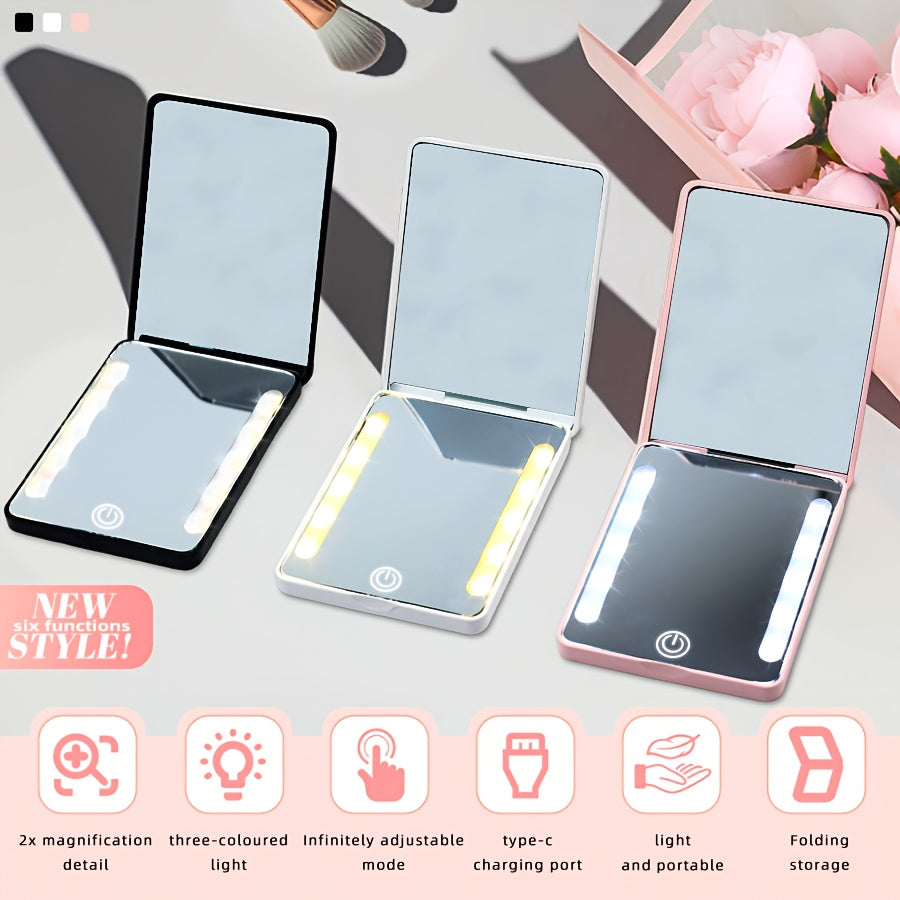 Miroir de poche LED ultra-fin, grossissement 2x, trois éclairages (jour/chaud), portable, contrôle d’intensité, idéal maquillage nomade, cadeau compact.