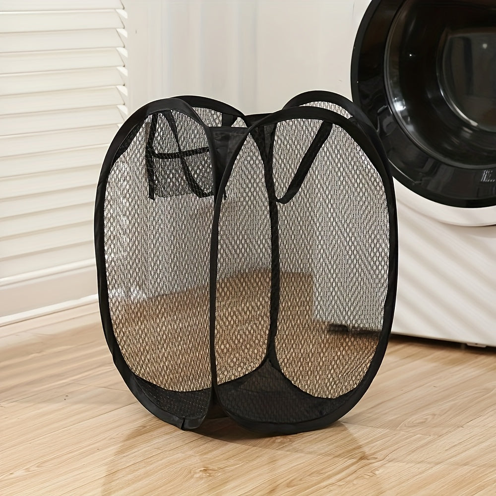Panier à linge pliable en filet, grande capacité, poignées ergonomiques, idéal chambre, salle de bain ou salon, disponible noir ou rouge.
