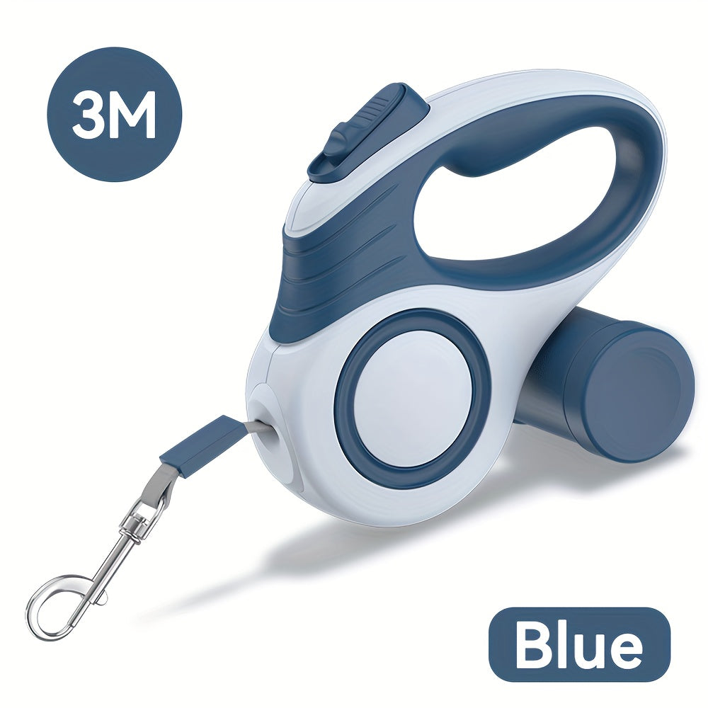 Laisse automatique rétractable ROJECO, 5 m en nylon durable, design géométrique bleu et blanc, idéale pour promenade et contrôle chiens petites à grandes tailles.