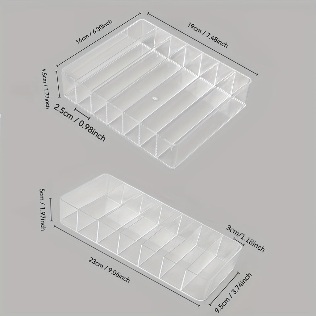 Set of 2 multifunctional transparent trays for cosmetics, ideal for organizing lipsticks, nail polish and eyeshadows on the counter without electricity.