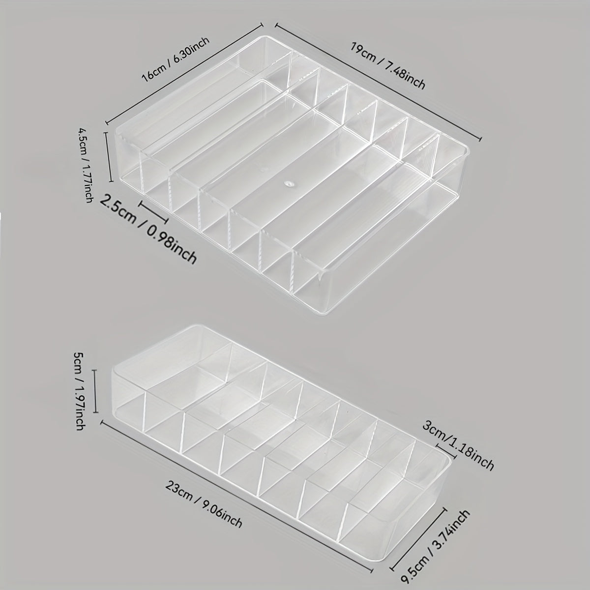 Lot de 2 plateaux transparents multifonctions pour cosmétiques, idéal pour organiser rouges à lèvres, vernis et fards sur comptoir sans électricité.