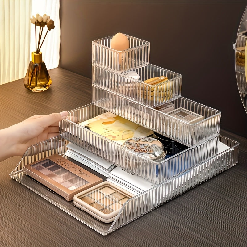 Set of 4 and 7 clear plastic storage boxes, 4 sizes, organize cosmetics, utensils, office or bedroom and bathroom accessories.