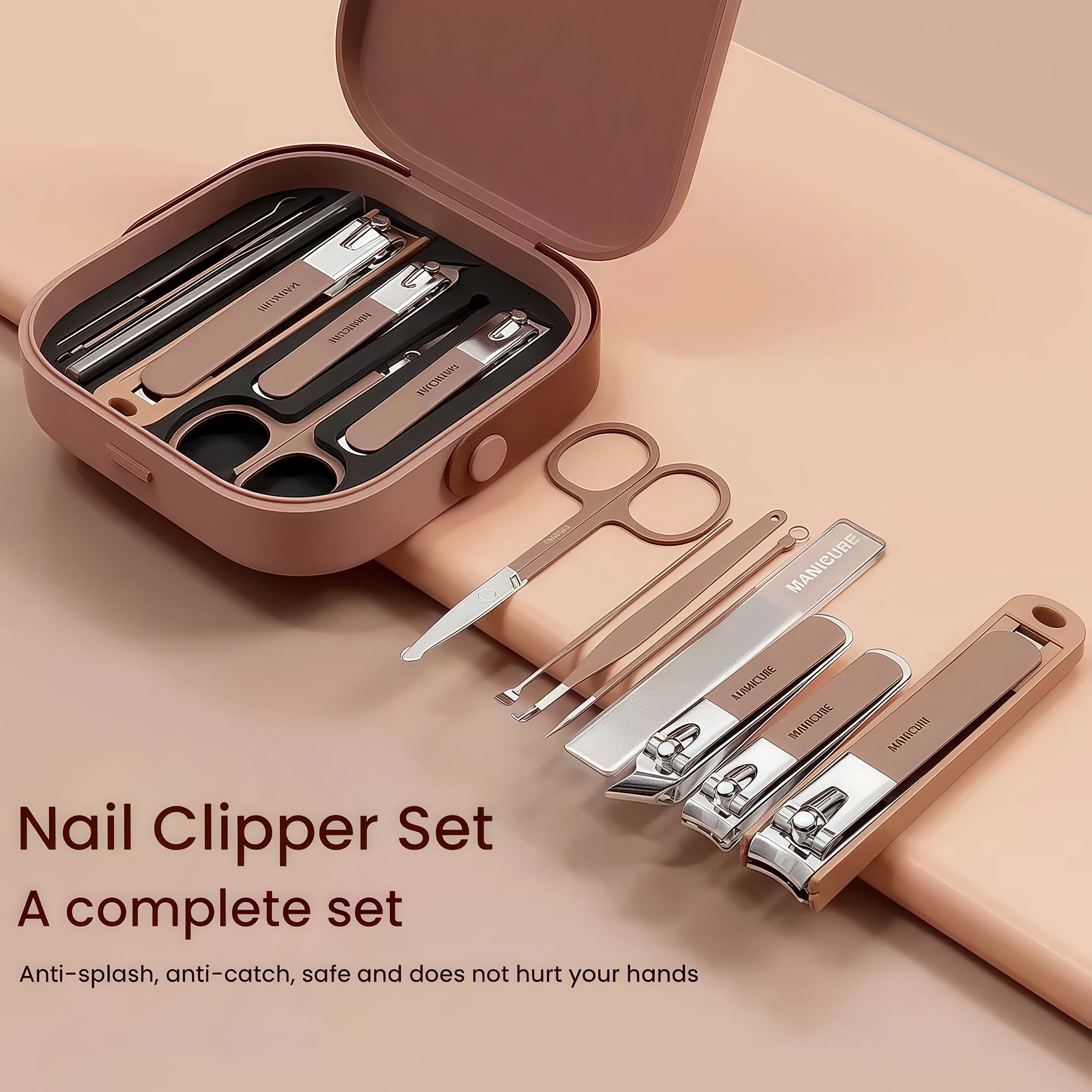 Set de 8 coupe-ongles en acier inoxydable avec boîte de rangement, étanche et portable, parfait pour soins personnels et voyage.