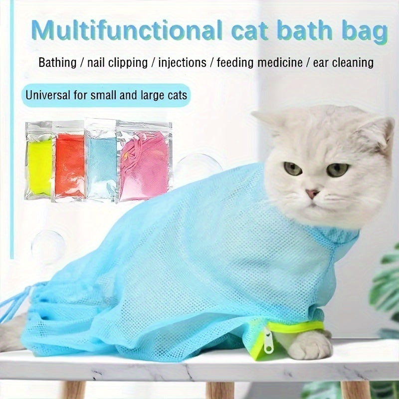 Sac de toilettage WhiskerWonders pour chat, polyester ajustable, maille respirante, non électrique, assure bain sécurisé et confortable.
