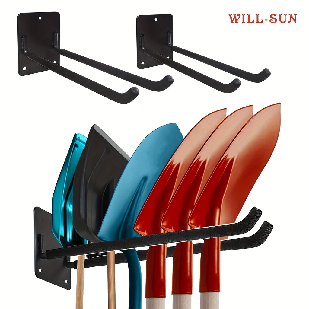 Crochet mural métallique robuste orange/noir/bleu, support outils et balais, facile à installer, idéal garage, jardin, suspend pelles, cordes, échelles et outils électriques.