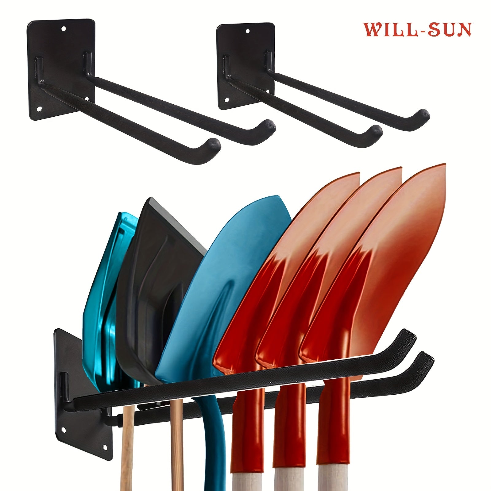 Crochet mural métallique robuste orange/noir/bleu, support outils et balais, facile à installer, idéal garage, jardin, suspend pelles, cordes, échelles et outils électriques.