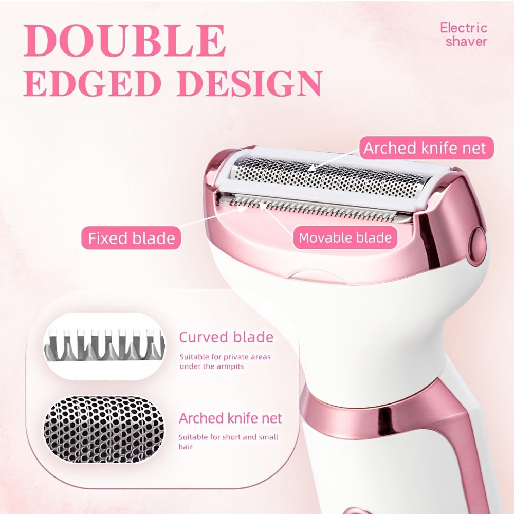 4-in-1 USB rechargeable epilator for women, face, eyebrows, nose and legs, compact design suitable for light skin tones, ideal for travel and as a gift.