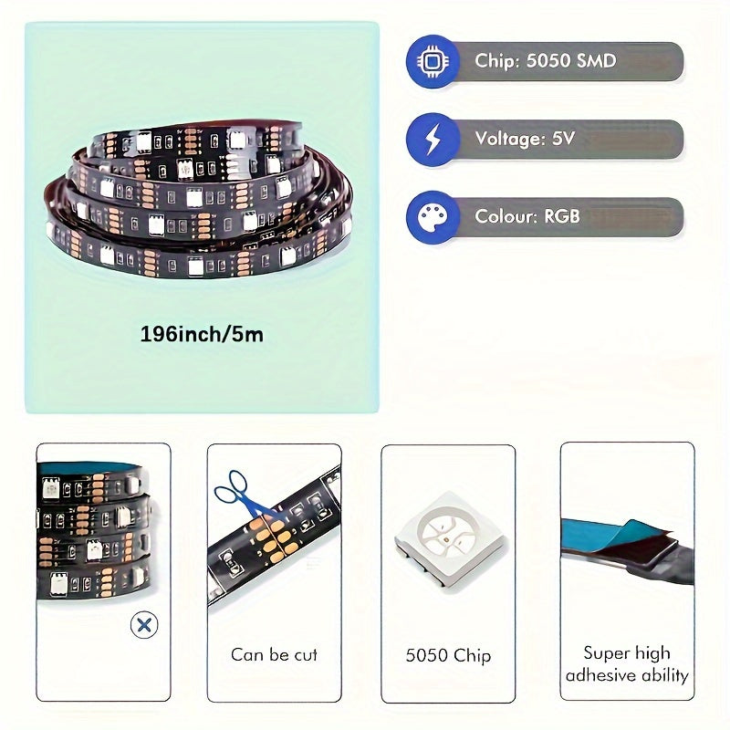 Barre LED de Rétroéclairage TV 196 po : 8 couleurs réglables, modes dynamiques, USB, idéale gaming, ambiance colorée et décoration TV.