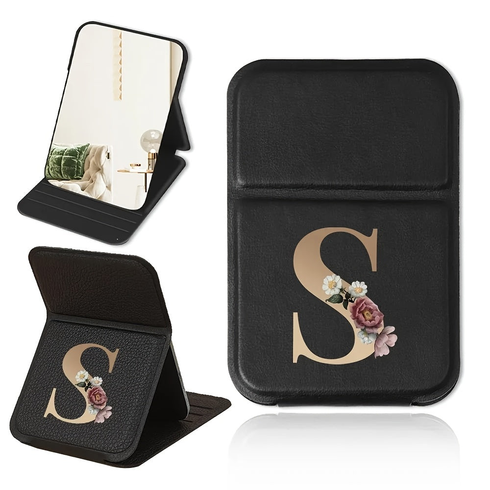 Portable folding makeup mirror, black and gold floral design, lightweight, waterproof and dustproof, perfect gift for teachers and loved ones.