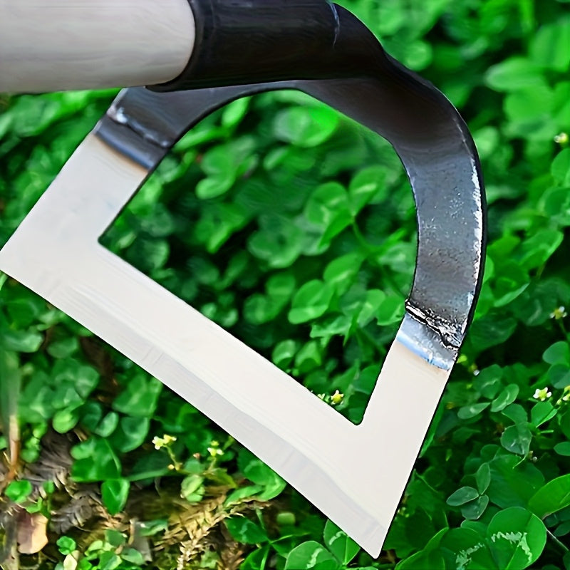 Houe en acier au manganèse avec râteau creux tranchant, poignée orange ergonomique, construction tout acier, idéale pour désherber légumes et entretenir jardin.