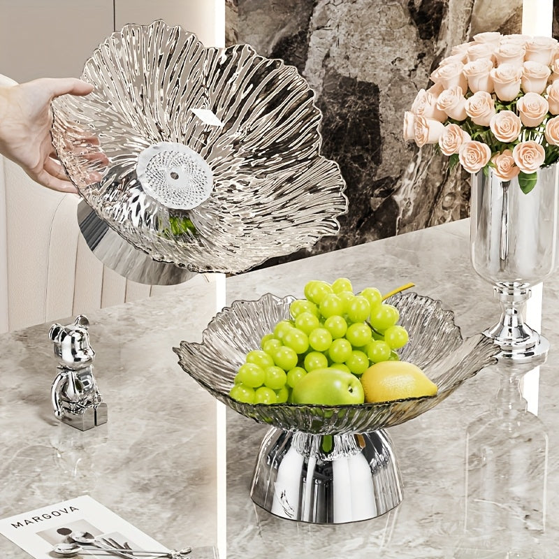 Bol à fruits élégant en forme de pétale Base dorée, plastique sûr pour aliments, idéal pour maison, fêtes ou restaurants, parfait pour servir raisins, pommes et oranges.