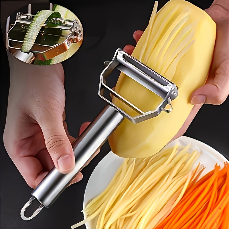 Éplucheur et trancheur inox multifonction, lame tranchante, pour pommes de terre, carottes, poignée ergonomique, préparation facile et efficace, design durable.