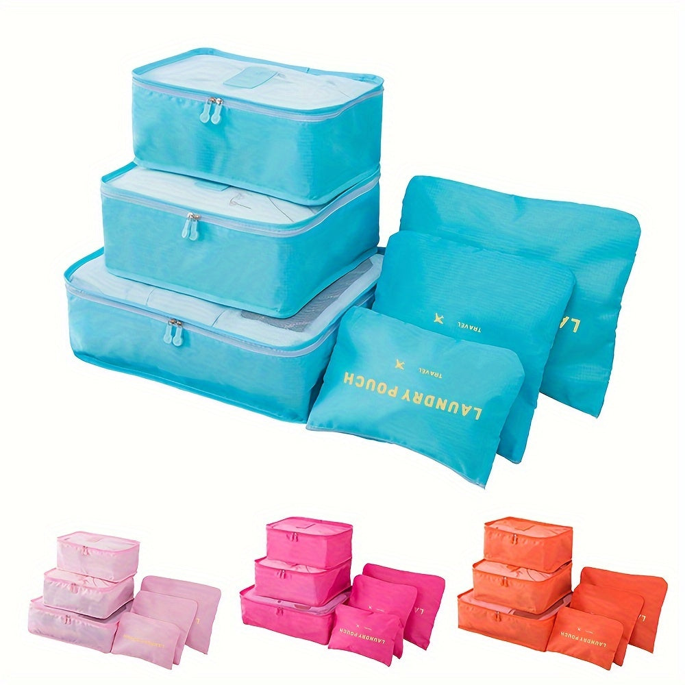 Set de 6 valises et accessoires de voyage, comprenant sac à vêtements, organisateurs, sacs chaussures et cubes de rangement, pratique pour tout déplacement.
