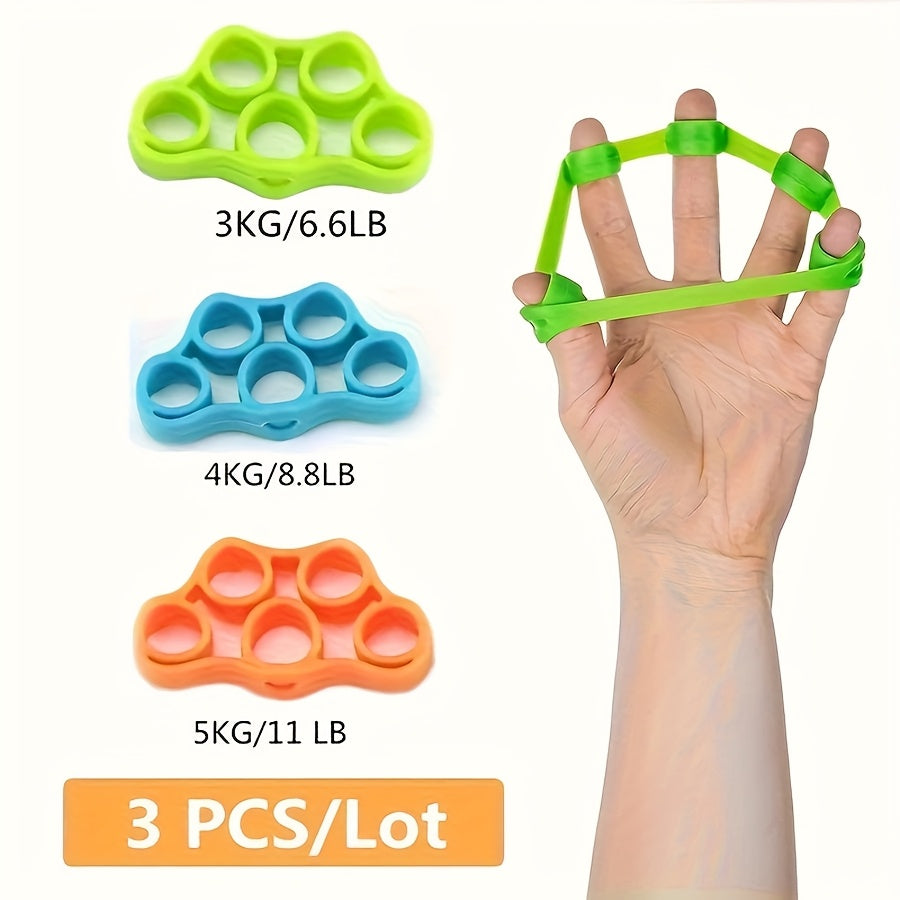 Trois amplificateurs de grip en silicone pour exercices doigts et poignets, entraînement de dextérité et renforcement portable des mains et doigts.