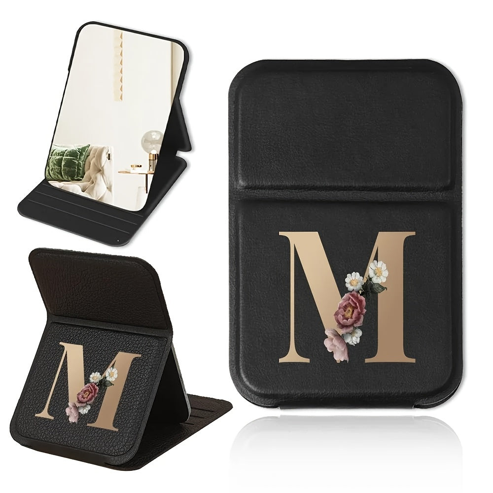 Portable folding makeup mirror, black and gold floral design, lightweight, waterproof and dustproof, perfect gift for teachers and loved ones.