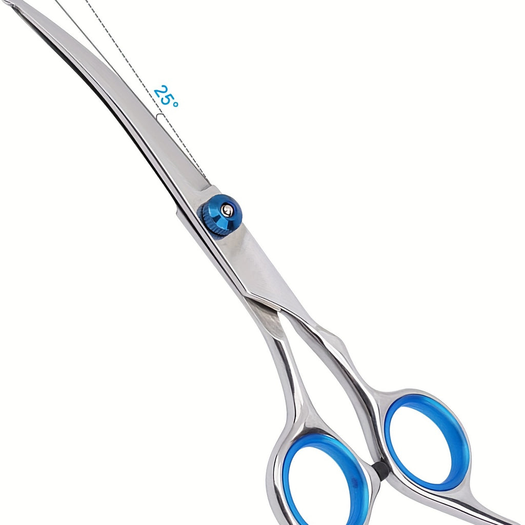 Pet grooming scissors set with safe, rounded tips. Curved stainless steel scissors, perfect for dogs and cats.