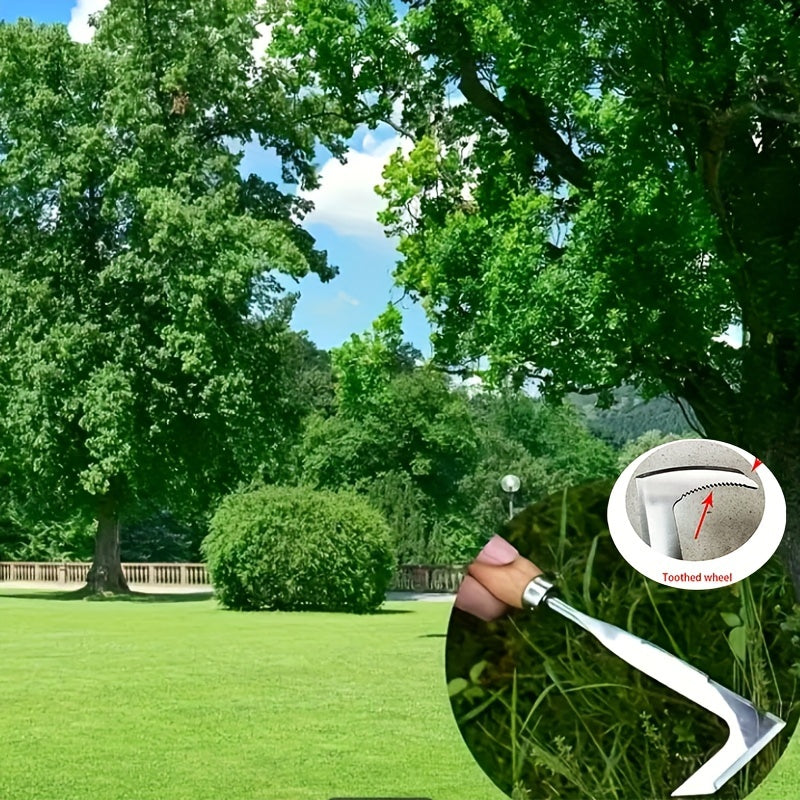 Désherbeur manuel en acier inoxydable Équipé de mécanisme à engrenages, conçu pour un désherbage efficace et l’entretien des routes et allées.