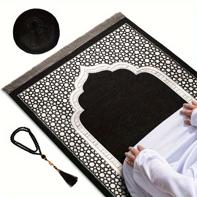 Set Ramadan 3 pièces : tapis de prière portable 70×110 cm, 99 perles Tasbih, kufi homme, léger et pratique pour voyages.