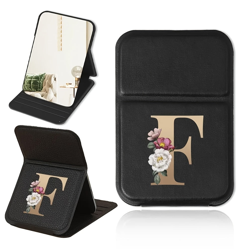 Portable folding makeup mirror, black and gold floral design, lightweight, waterproof and dustproof, perfect gift for teachers and loved ones.