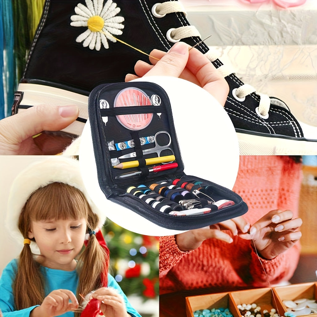 Kit de couture complet 67 pcs, aiguilles à grand chas, fils et accessoires, idéal pour réparations d’urgence et travaux manuels en déplacement.