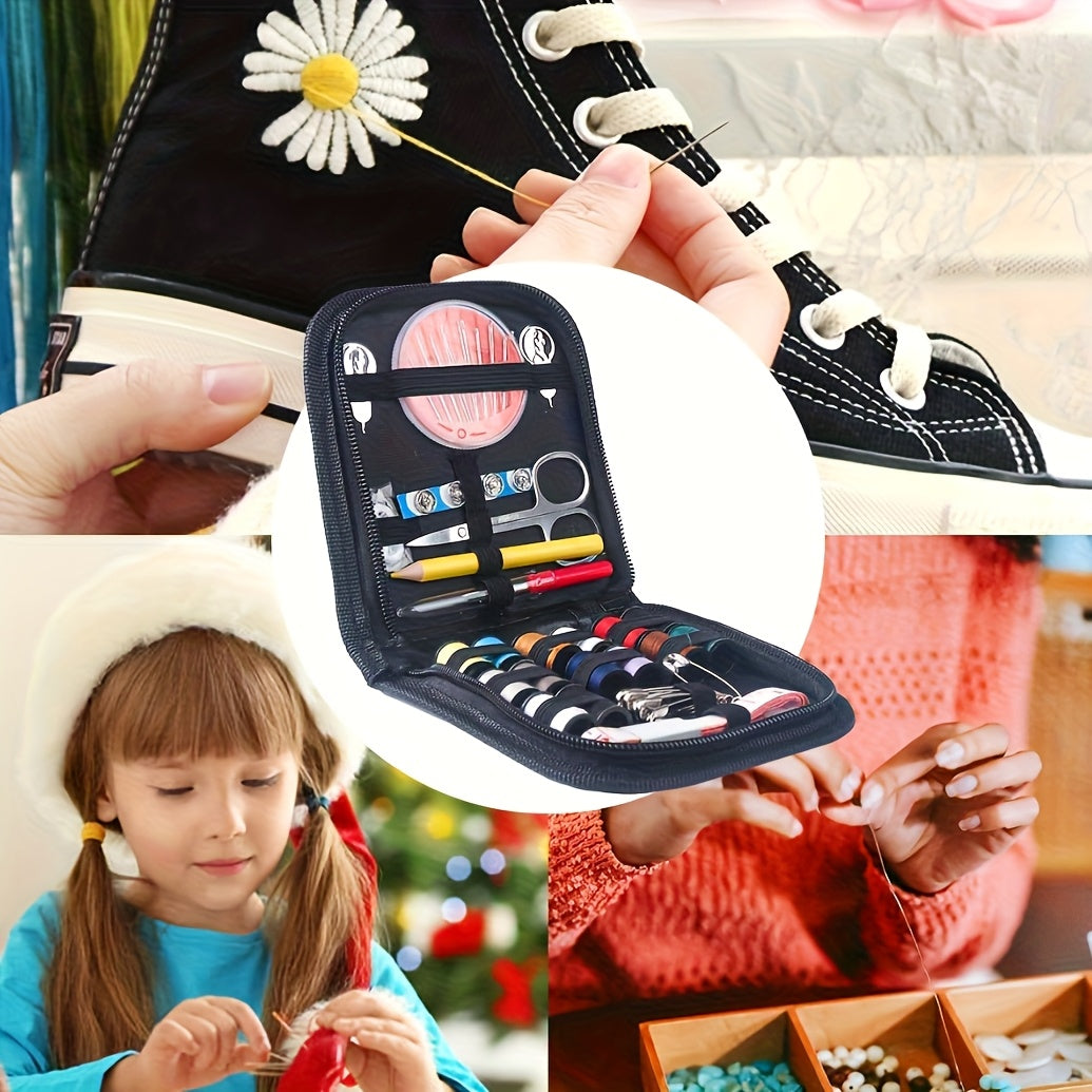 Complete 67-piece sewing kit, large-eye needles, threads and accessories, ideal for emergency repairs and crafts on the go.