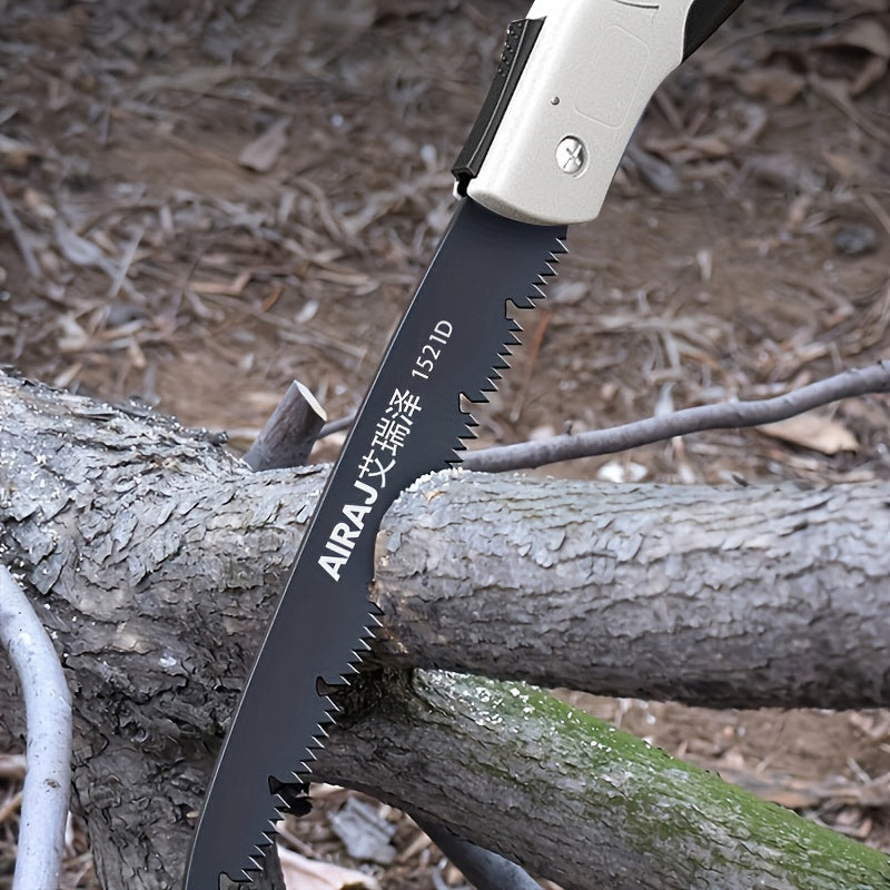 AIRAJ industrial folding saw. Robust hand tool with non-slip handle, precise bevel cut, no battery required, heavy-duty use guaranteed.