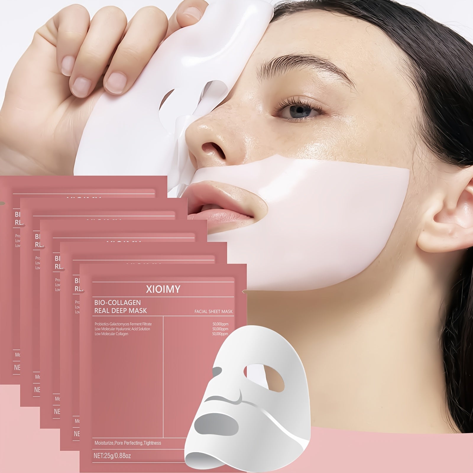 Masques faciaux collagène et acide hyaluronique Hydratation profonde, éclat renforcé, peau raffermie, formule hypoallergénique et sans parfum, idéale pour tous types de peau.