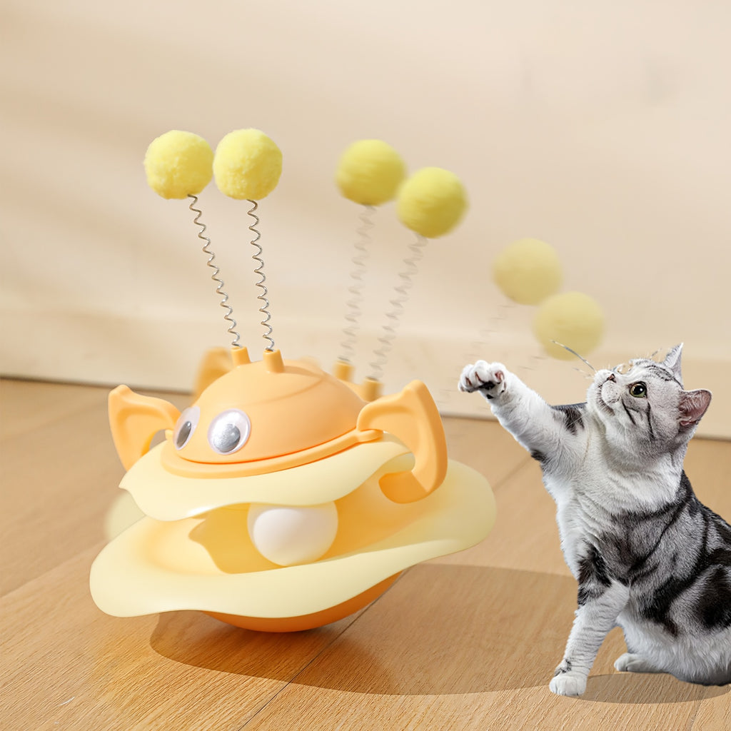 Jouet interactif 3-en-1 pour chats, thème abeille, plaque à bascule avec balle et bâton, sans batterie, stimule exercice et amusement.