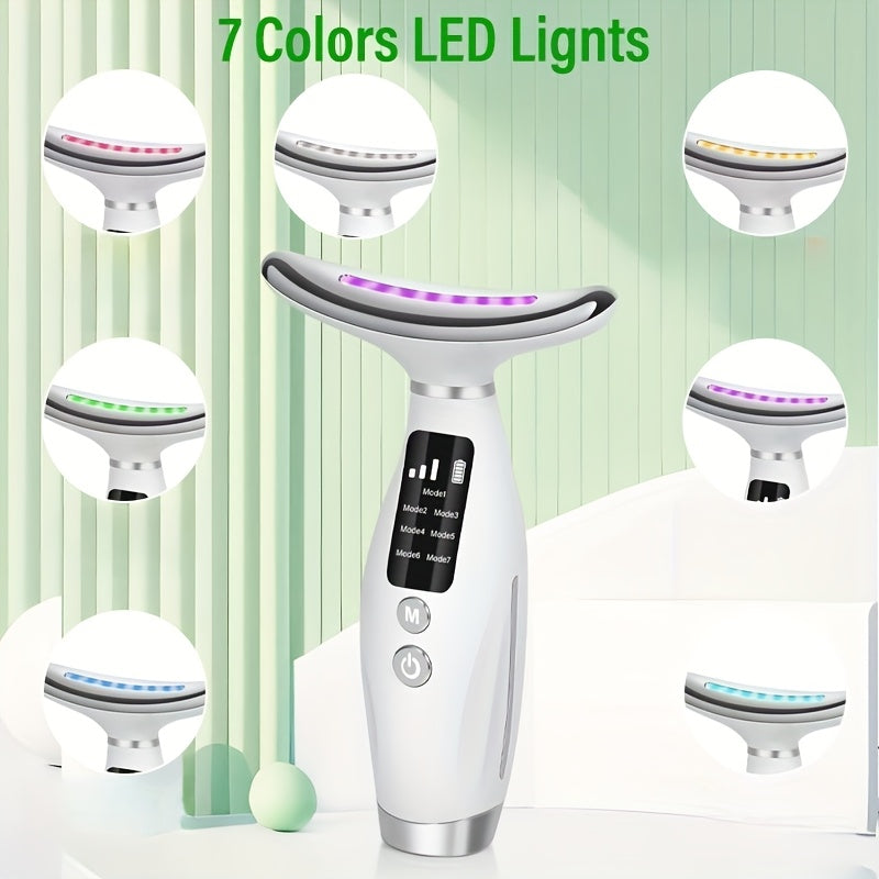 Appareil rechargeable visage et cou, 7 modes, massage vibrant et chauffant, USB, design ergonomique, idéal soins à domicile et cadeau beauté.