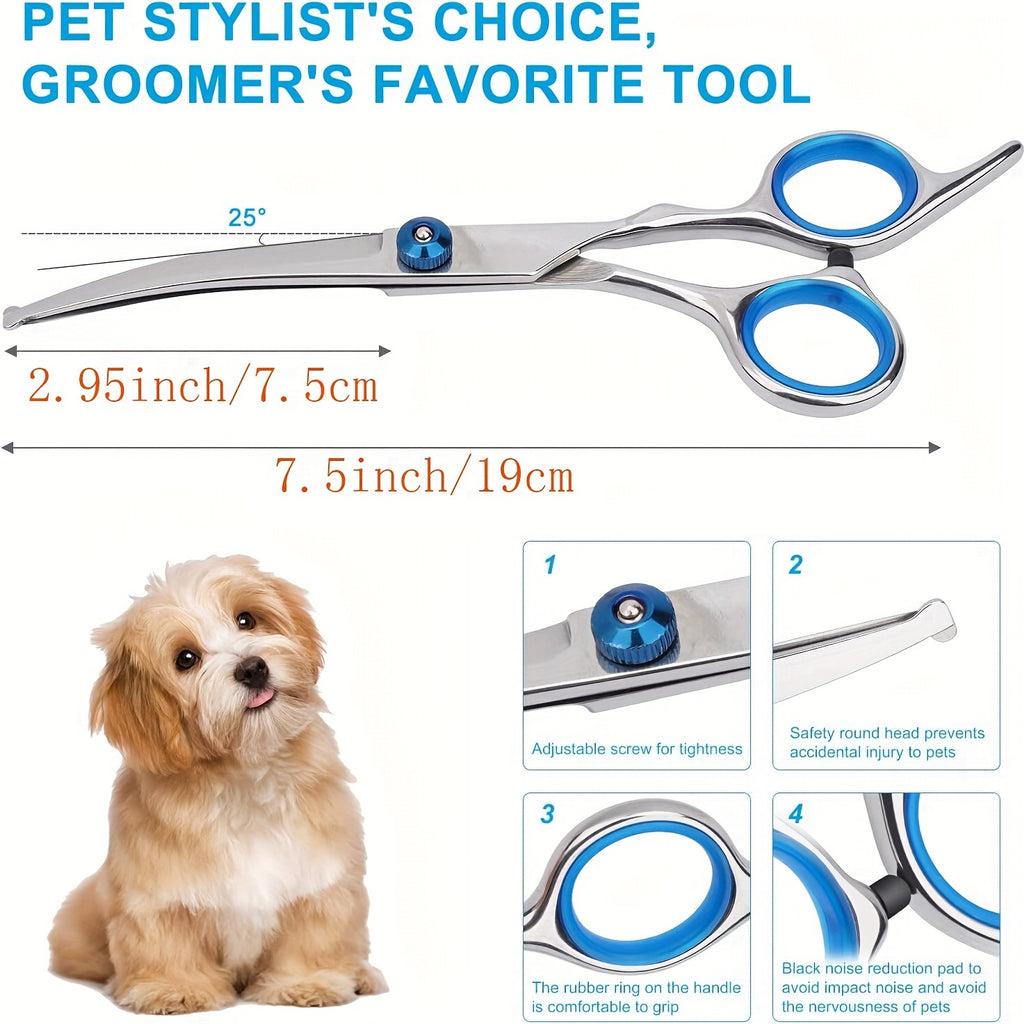 Pet grooming scissors set with safe, rounded tips. Curved stainless steel scissors, perfect for dogs and cats.
