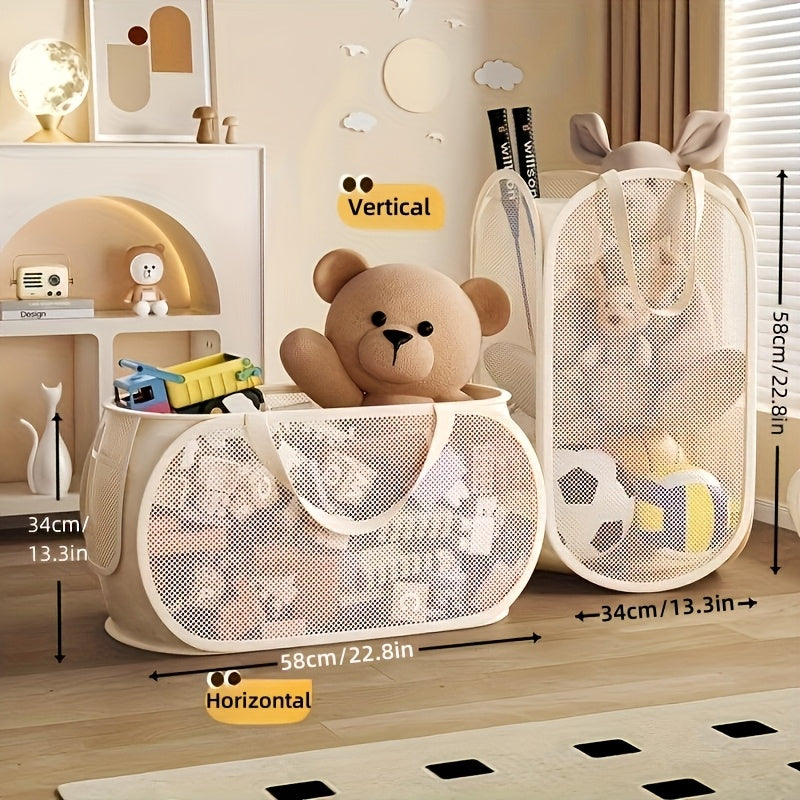 Panier de rangement jouets grande capacité, tissu transparent avec compartiments, organisation facile, idéal salon, chambre ou salle de jeux.