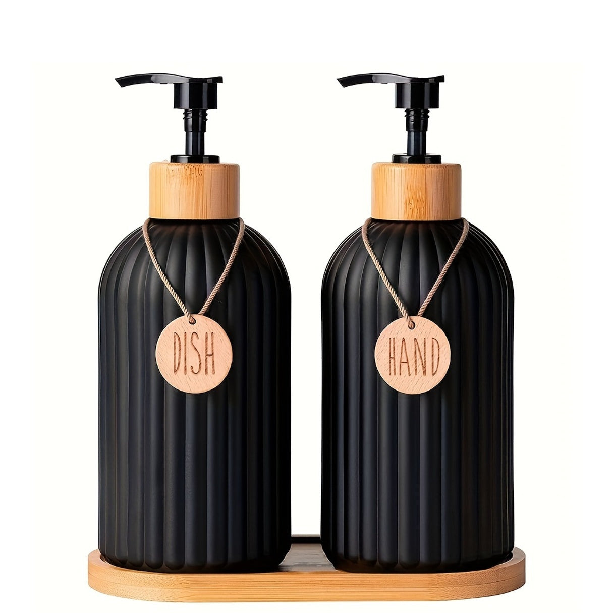 Set de 5 distributeurs de savon modernes noirs Plastique robuste, compatible plan de travail ou lavabo, système hygiénique à une touche, gain de place pour cuisine ou salle de bain.