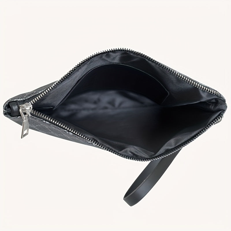Pochette homme élégante, grande capacité, noire avec fermeture éclair dorée, dragonne poignet, idéale bureau, déplacements quotidiens et style raffiné.
