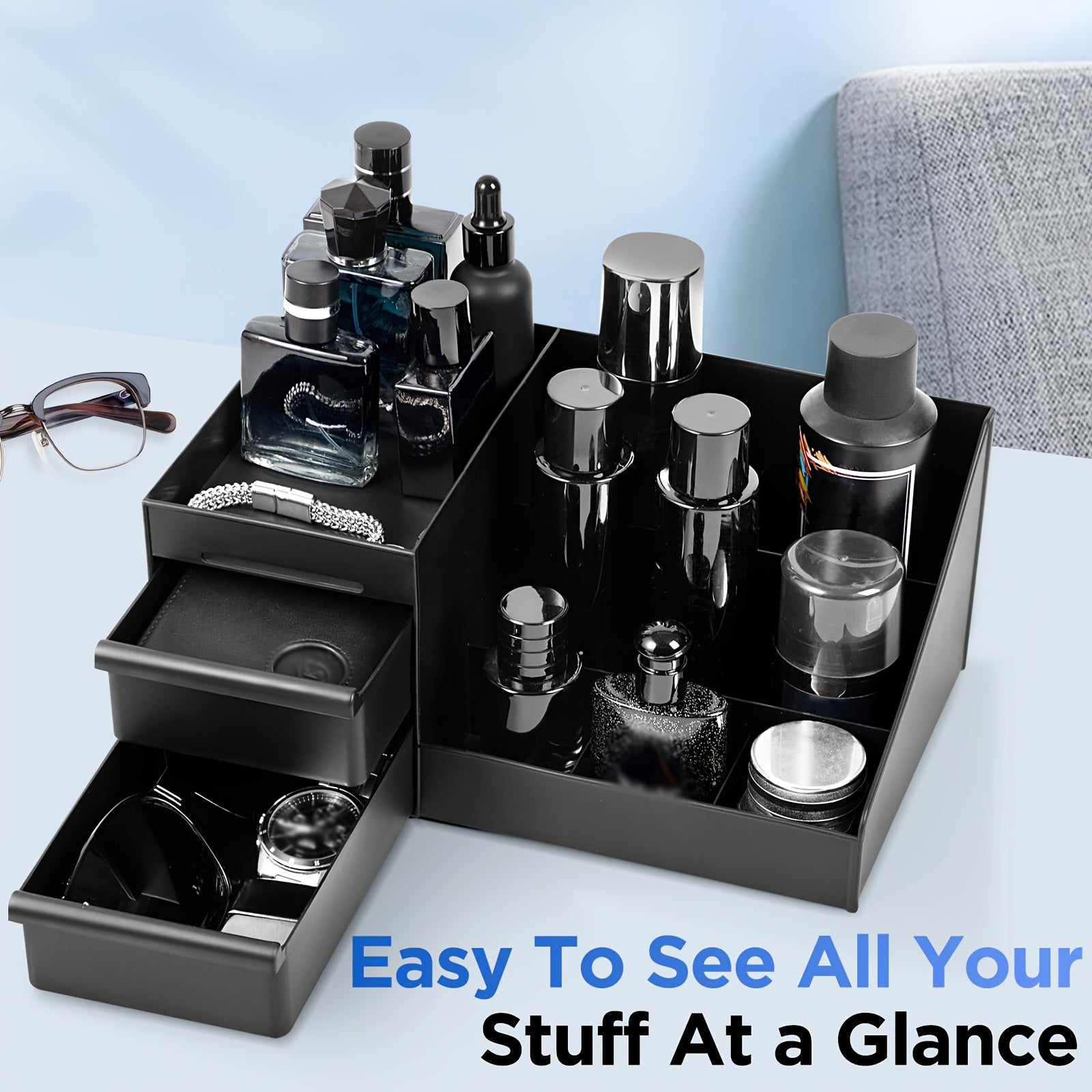Plastic men's countertop organizer, multiple compartments and adjustable shelves, modern storage for perfumes, grooming products and toiletries, space saving.
