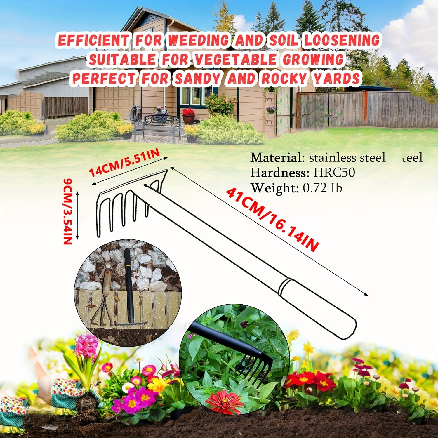 Râteau à main en acier carbone, poignée ergonomique en caoutchouc, mini outil polyvalent pour désherber, aérer le sol et entretenir pelouse et jardin.